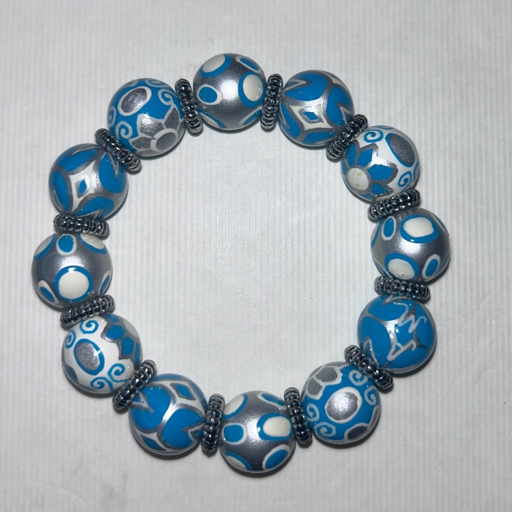 Angela Moore blue and silver bracelet with silver clasps. Hand-painted, like new